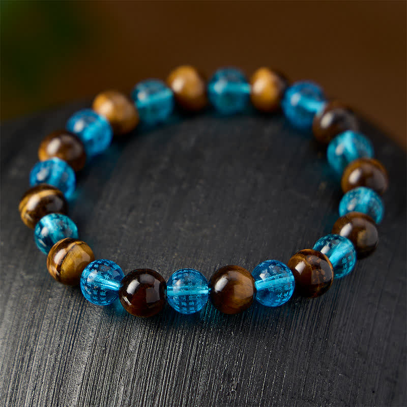 Buddha Stones Tiger Eye Blue Liuli Glass Bead Courage Round Beaded Bracelet - image 3