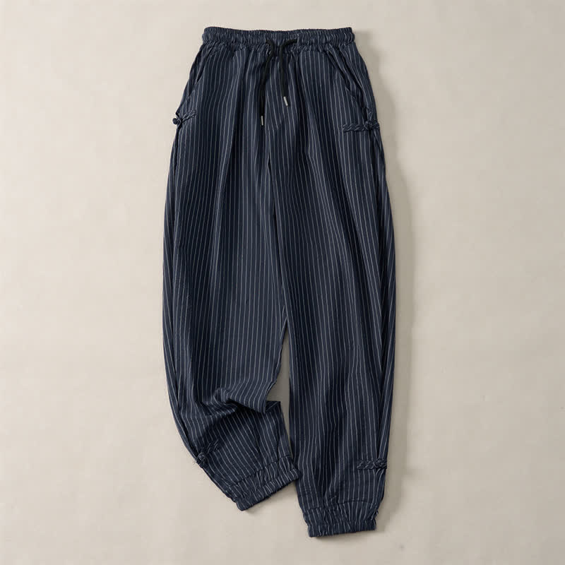 Buddha Stones Spring Summer Basic Drawstring Striped Cropped Pants Men's Tapered Pants With Pockets - image 3