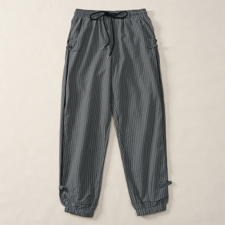 Buddha Stones Spring Summer Basic Drawstring Striped Cropped Pants Men's Tapered Pants With Pockets - image 14