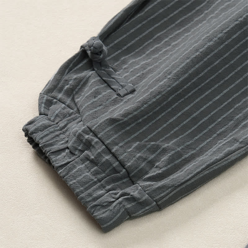 Buddha Stones Spring Summer Basic Drawstring Striped Cropped Pants Men's Tapered Pants With Pockets - image 20