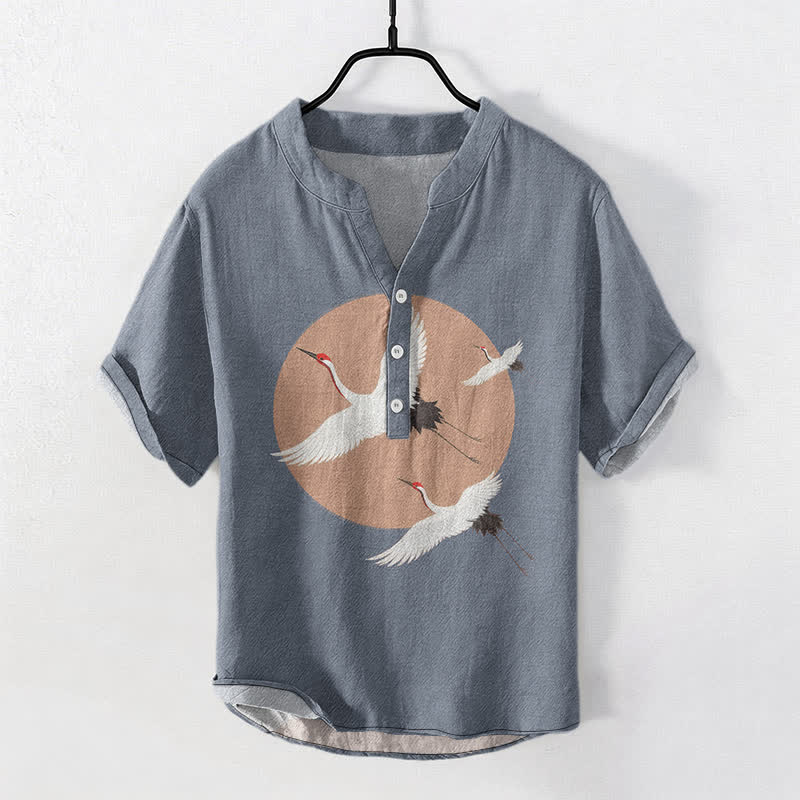 Buddha Stones Cotton Red Crown Crane Pattern Men's Short Sleeve Half Button Shirt - SlateGray - US/UK/AU50，EU60 (5XL) - image 5