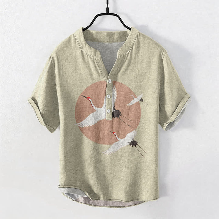 Buddha Stones Cotton Red Crown Crane Pattern Men's Short Sleeve Half Button Shirt - Beige - US/UK/AU50，EU60 (5XL) - image 7