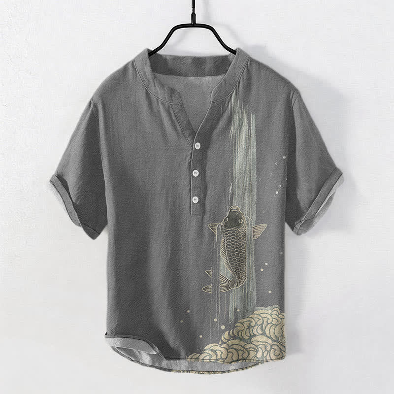 Buddha Stones Cotton Koi Fish Water Ripple Pattern Men's Short Sleeve Half Button Shirt - Gray - US/UK/AU50，EU60 (5XL) - image 5