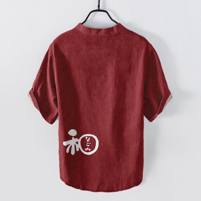 Buddha Stones Cotton Wa Crest Script Pattern Men's Short Sleeve Half Button Shirt - image 1