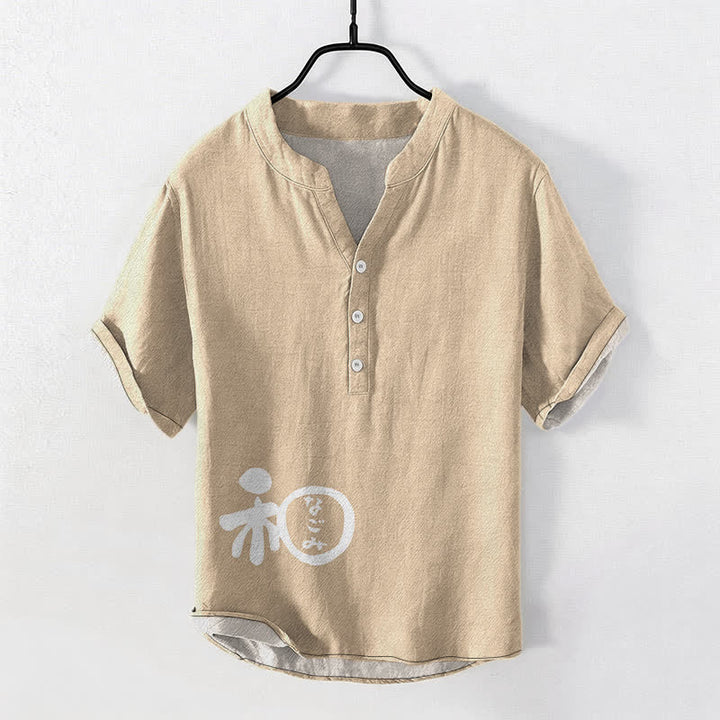 Buddha Stones Cotton Wa Crest Script Pattern Men's Short Sleeve Half Button Shirt - Beige - US/UK/AU50，EU60 (5XL) - image 5
