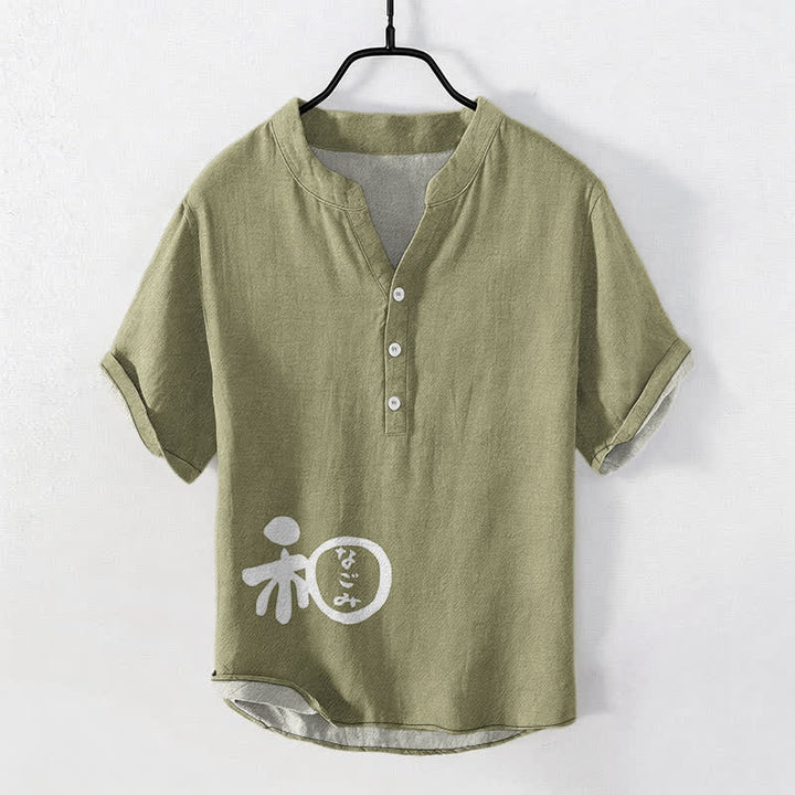 Buddha Stones Cotton Wa Crest Script Pattern Men's Short Sleeve Half Button Shirt - Olive - US/UK/AU50，EU60 (5XL) - image 7