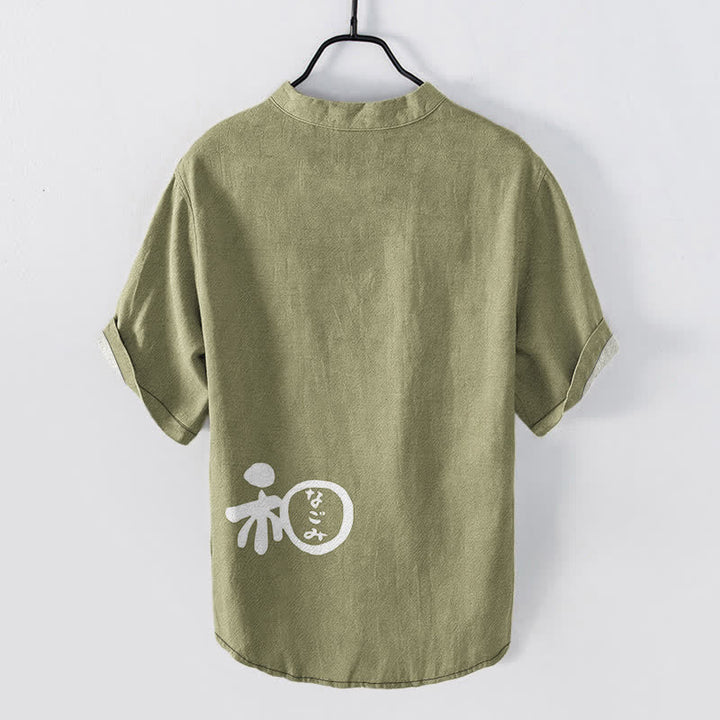 Buddha Stones Cotton Wa Crest Script Pattern Men's Short Sleeve Half Button Shirt - image 8