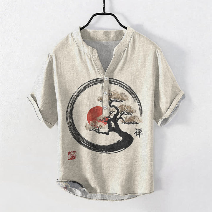 Buddha Stones Cotton Zen Ink Bonsai Sun Pattern Men's Short Sleeve Half Button Shirt - Linen - US/UK/AU50，EU60 (5XL) - image 0