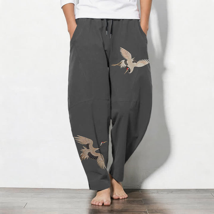 Buddha Stones Pure Cotton Twin Crane Pattern Drawstring Men's Tapered Pants With Pockets - DimGray - US/UK/AU50，EU60 (5XL) - image 0