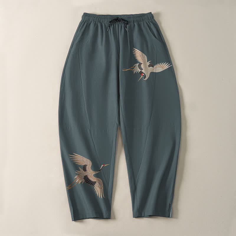 Buddha Stones Pure Cotton Twin Crane Pattern Drawstring Men's Tapered Pants With Pockets - image 9