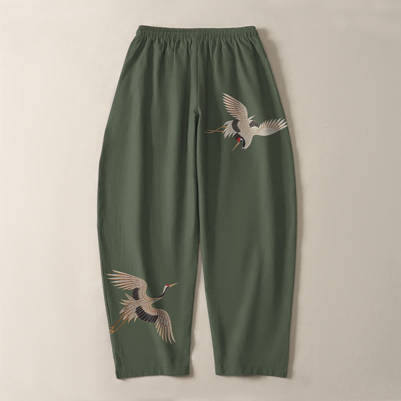 Buddha Stones Pure Cotton Twin Crane Pattern Drawstring Men's Tapered Pants With Pockets - image 14