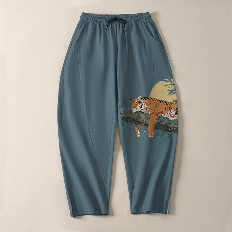 Buddha Stones Pure Cotton Reclining Tiger Moon Pattern Drawstring Men's Tapered Pants With Pockets - image 2