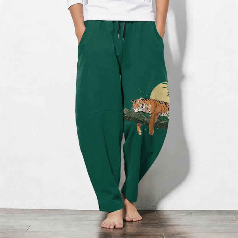 Buddha Stones Pure Cotton Reclining Tiger Moon Pattern Drawstring Men's Tapered Pants With Pockets - Green - US/UK/AU50，EU60 (5XL) - image 7