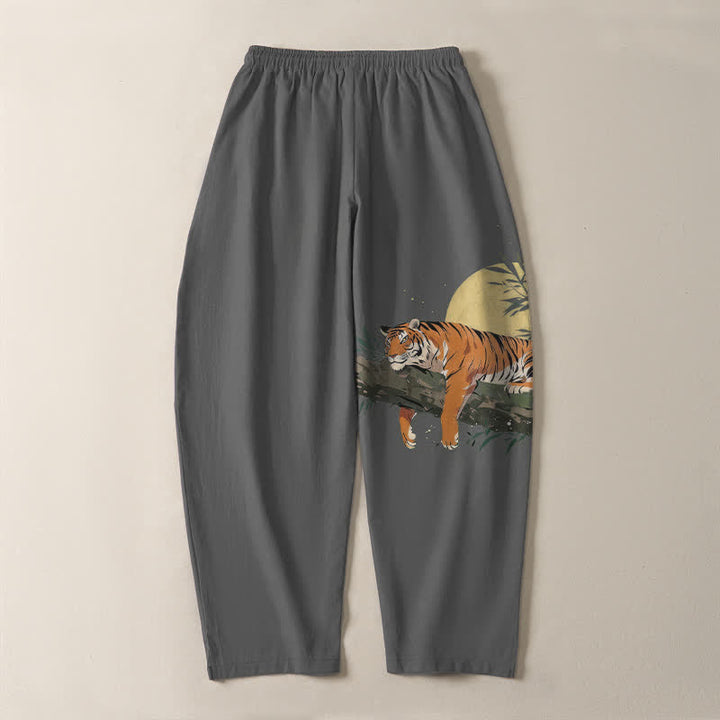 Buddha Stones Pure Cotton Reclining Tiger Moon Pattern Drawstring Men's Tapered Pants With Pockets - image 14