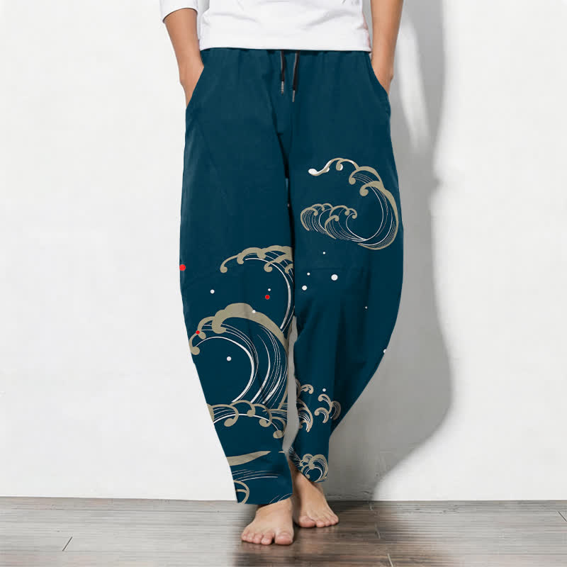 Buddha Stones Pure Cotton Ocean Tide Wave Pattern Drawstring Men's Tapered Pants With Pockets - Teal - US/UK/AU50，EU60 (5XL) - image 0