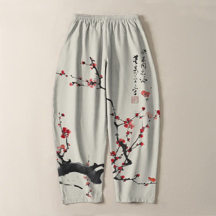 Buddha Stones Pure Cotton Calligraphy Plum Blossom Pattern Drawstring Men's Tapered Pants With Pockets - image 3