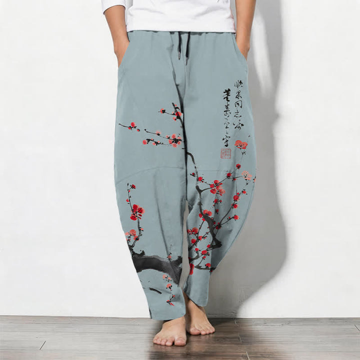 Buddha Stones Pure Cotton Calligraphy Plum Blossom Pattern Drawstring Men's Tapered Pants With Pockets - LightSteelBlue - US/UK/AU50，EU60 (5XL) - image 7