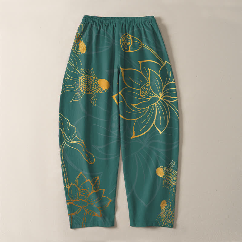 Buddha Stones Pure Cotton Golden Lotus Koi Pattern Drawstring Men's Tapered Pants With Pockets - image 3