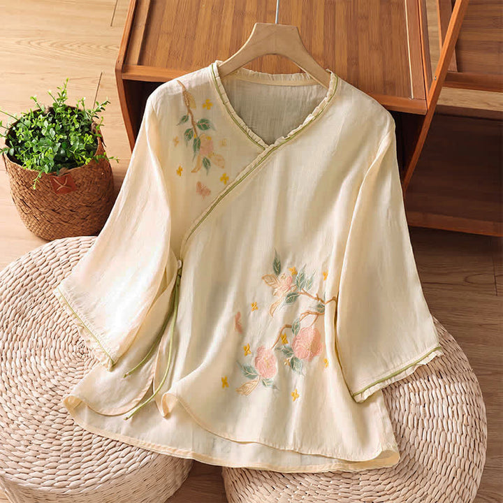 Buddha Stones Summer Tang Style Vintage Embroidery Floral Leaves Women's Elbow-Length Sleeve Shirts - Beige - US8-10, UK/AU12-14, EU40-42 (2XL) - image 0