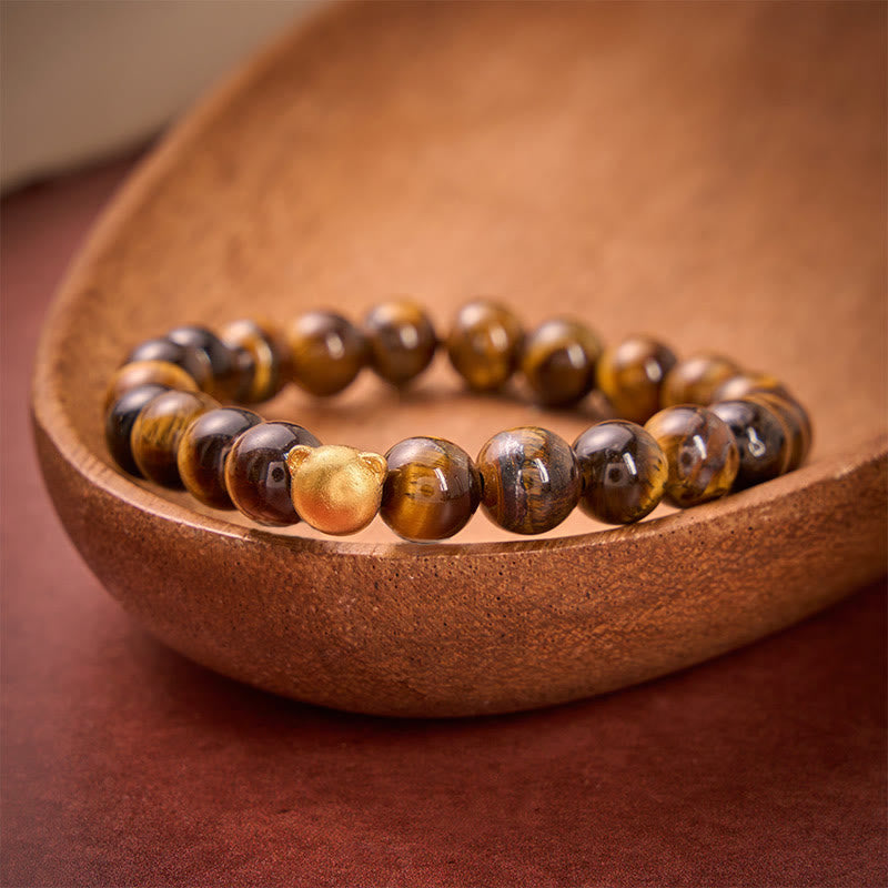 Buddha Stones Tiger Eye Cat Head Copper Strength Bracelet - image 1