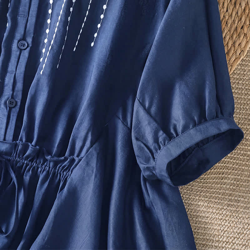 Buddha Stones Summer Casual Boho Button-Up Drawstring Solid Flared Hem Women's Short Sleeve Shirts - image 6