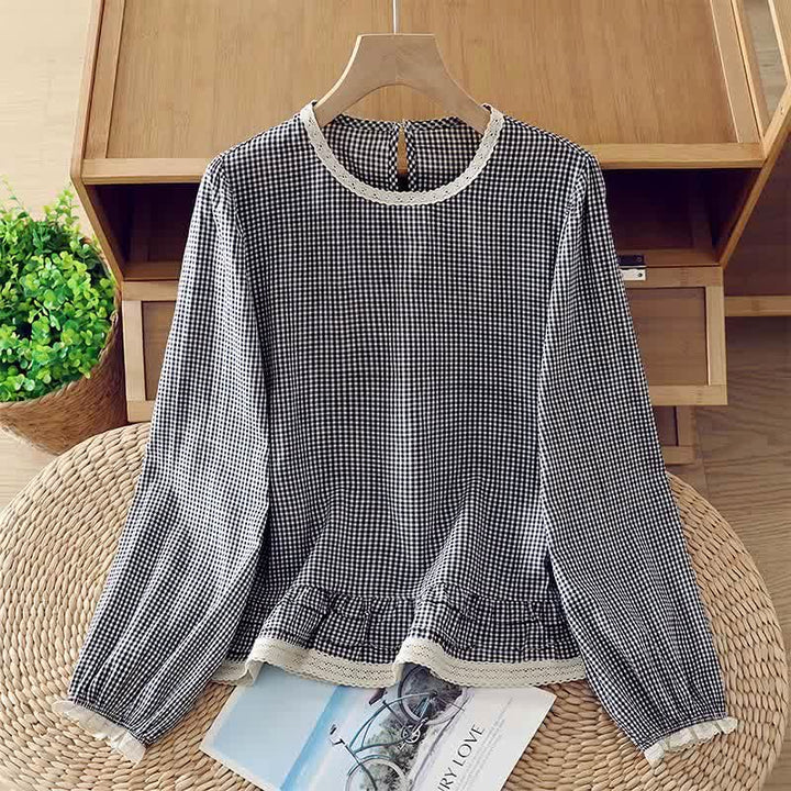 Buddha Stones Spring Fall Vintage Elegant Plaid Lace Trim Women's Long Sleeve T-Shirt - SteelBlue - US8-10, UK/AU12-14, EU40-42 (2XL) - image 0
