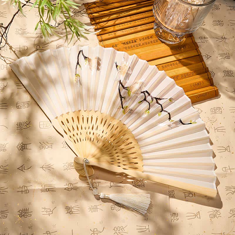 Buddha Stones Beige Magnolia Floral Elegant Bamboo Folding Fan 21 cm - image 1