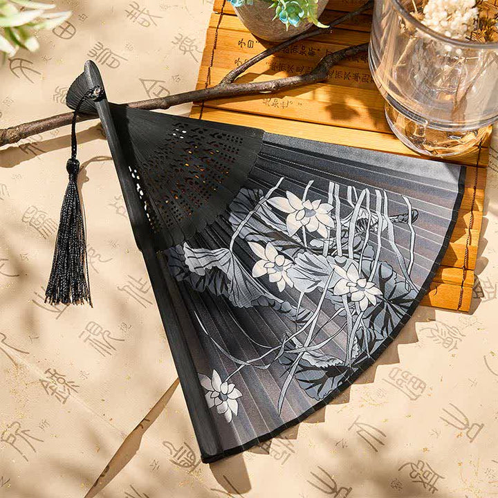 Buddha Stones Lotus Leaves Dragonfly Purity Bamboo Folding Fan 21 cm - image 3