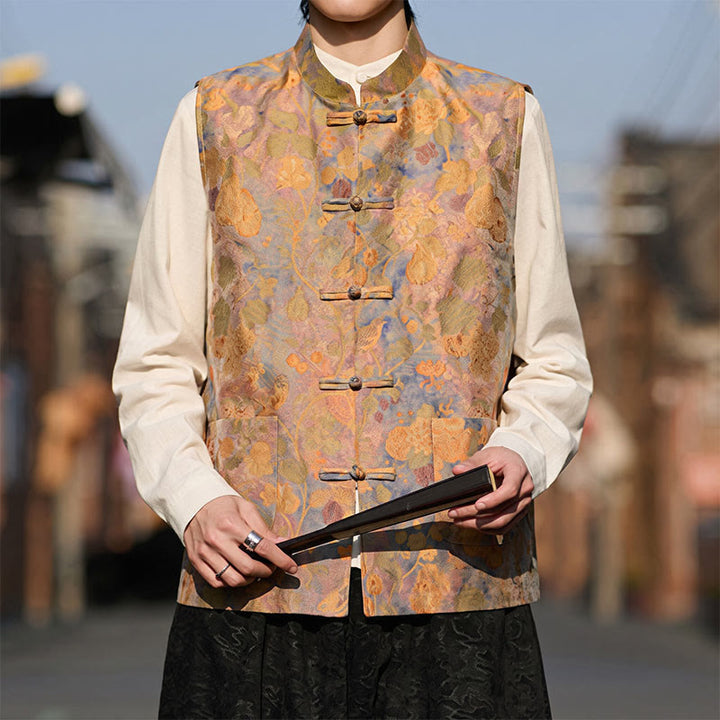 Buddha Stones Spring Summer Fall Tang Style Vintage Mandarin Collar Frog Button Floral Men's Vests With Pockets - image 3