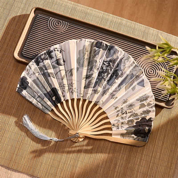 Buddha Stones Elegant Floral Ink Pattern Tassel Chinese Style Bamboo Folding Fan 21 cm - image 11