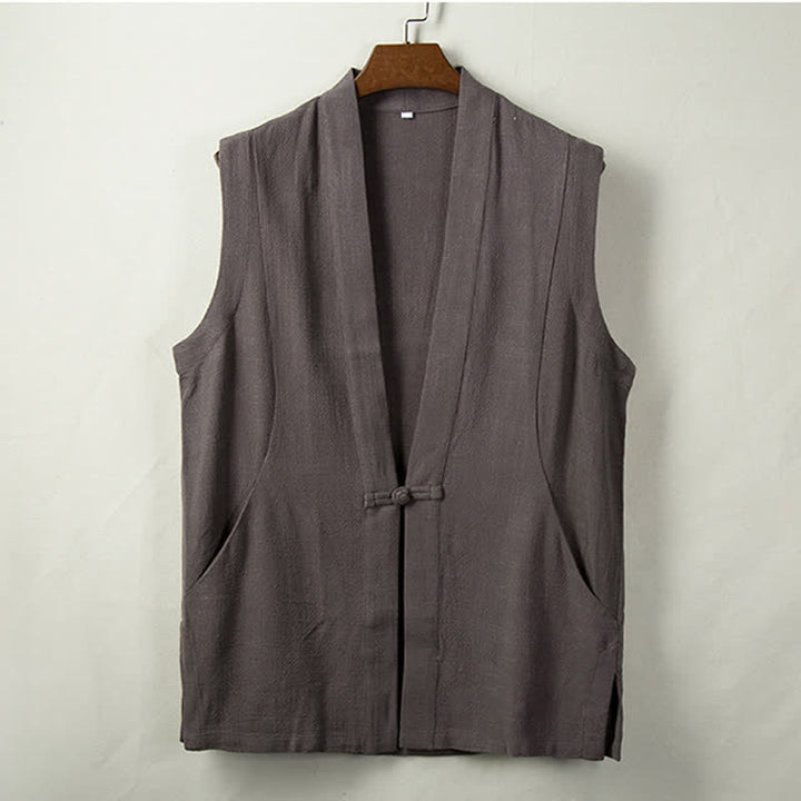 Buddha Stones Spring Summer Fall Tang Style Minimalist Frog Button Solid Cotton Linen Men's Vests With Pocket - DimGray - US/UK/AU44，EU54 (4XL) - image 0