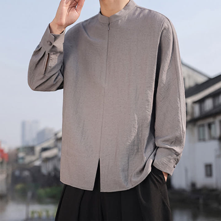 Buddha Stones Spring Summer Casual Minimalist Tang Style Mandarin Collar Solid Men's Long Sleeve Shirts - DarkGray - US/UK/AU46，EU56 (5XL) - image 0