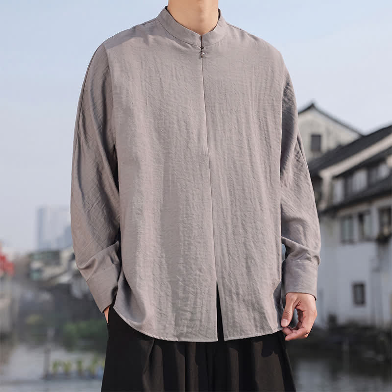 Buddha Stones Spring Summer Casual Minimalist Tang Style Mandarin Collar Solid Men's Long Sleeve Shirts - image 3