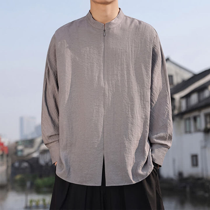 Buddha Stones Spring Summer Casual Minimalist Tang Style Mandarin Collar Solid Men's Long Sleeve Shirts - image 1