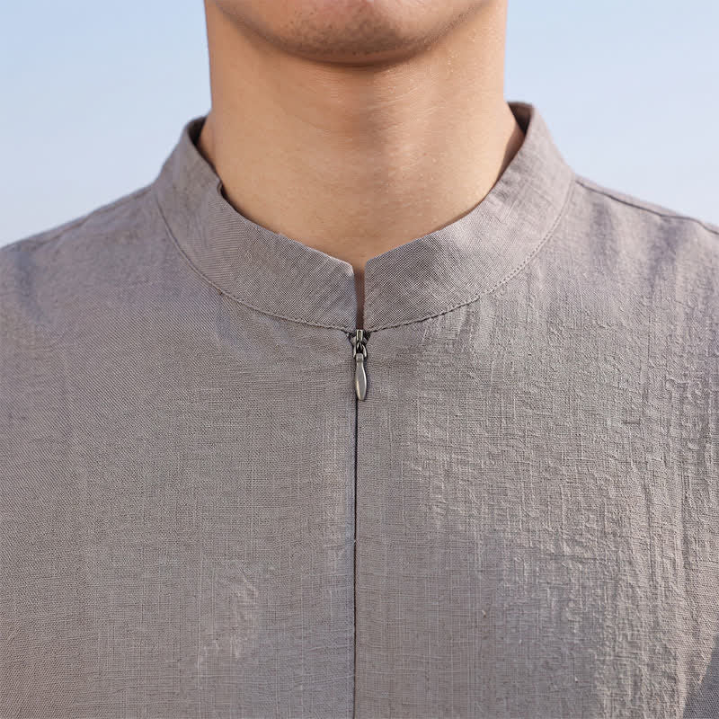Buddha Stones Spring Summer Casual Minimalist Tang Style Mandarin Collar Solid Men's Long Sleeve Shirts - image 8