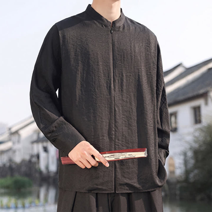 Buddha Stones Spring Summer Casual Minimalist Tang Style Mandarin Collar Solid Men's Long Sleeve Shirts - image 11