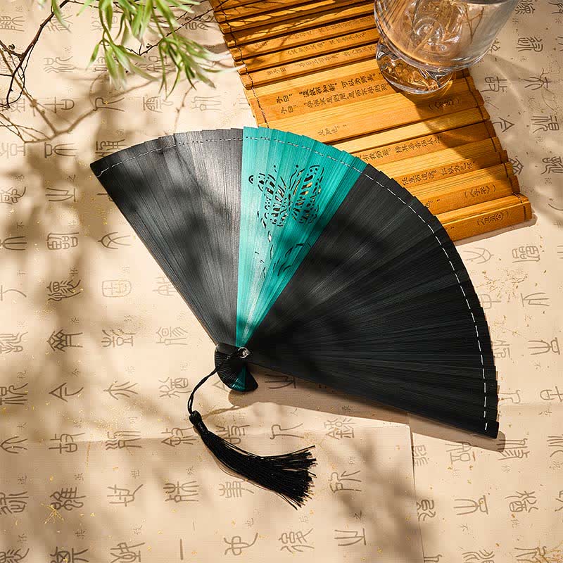 Buddha Stones Bamboo Butterfly Transformation Tassel Chinese Folding Fan - image 9