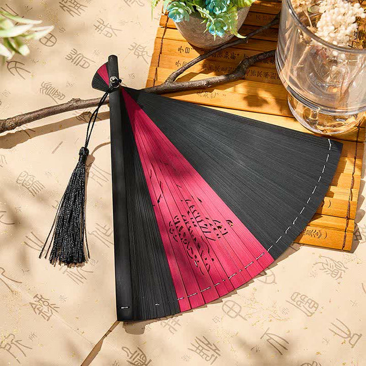 Buddha Stones Bamboo Butterfly Transformation Tassel Chinese Folding Fan - image 2