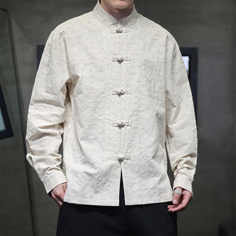 Buddha Stones Fall Tang Style Vintage Frog Button Floral Men's Long Sleeve Shirts - image 2