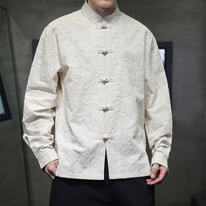 Buddha Stones Fall Tang Style Vintage Frog Button Floral Men's Long Sleeve Shirts - image 2