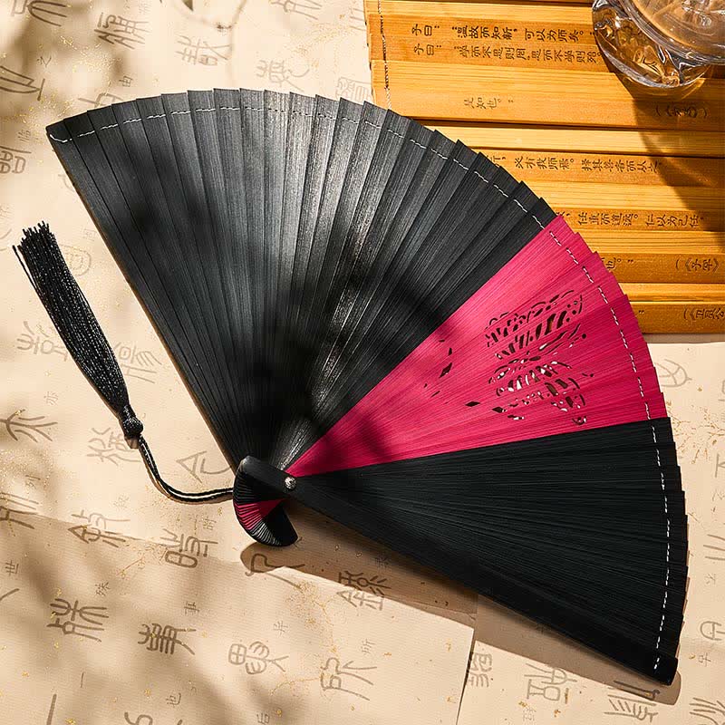 Buddha Stones Bamboo Butterfly Transformation Tassel Chinese Folding Fan - Black/Red Butterfly(Closed Size: Approx. 18–19 cm / 7.1–7.5 in) - image 0