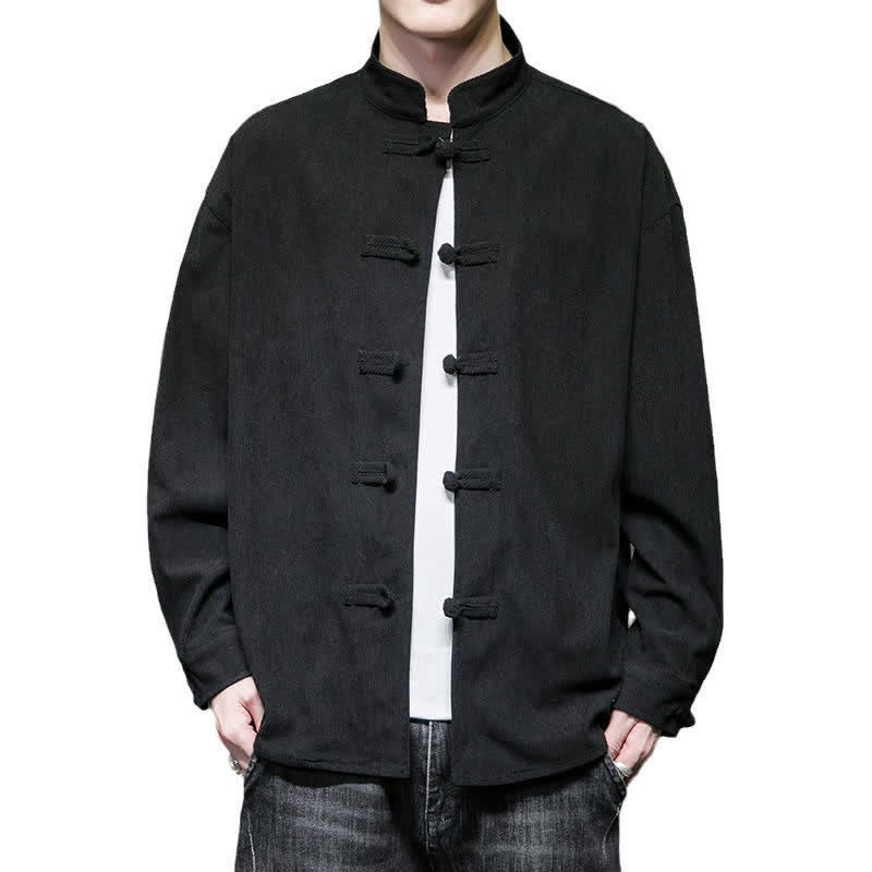 Buddha Stones Fall Winter Casual Tang Style Frog Button Solid Cotton Men's Jacket - image 23