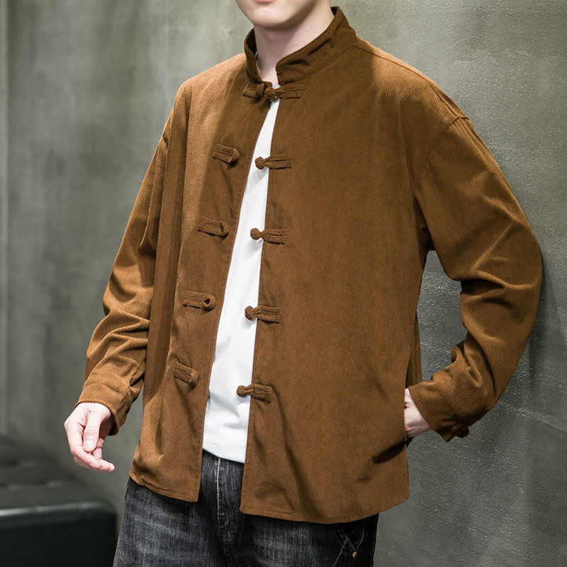 Buddha Stones Fall Winter Casual Tang Style Frog Button Solid Cotton Men's Jacket - image 7