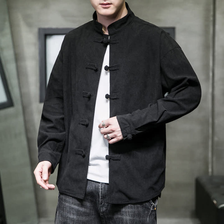 Buddha Stones Fall Winter Casual Tang Style Frog Button Solid Cotton Men's Jacket - image 20