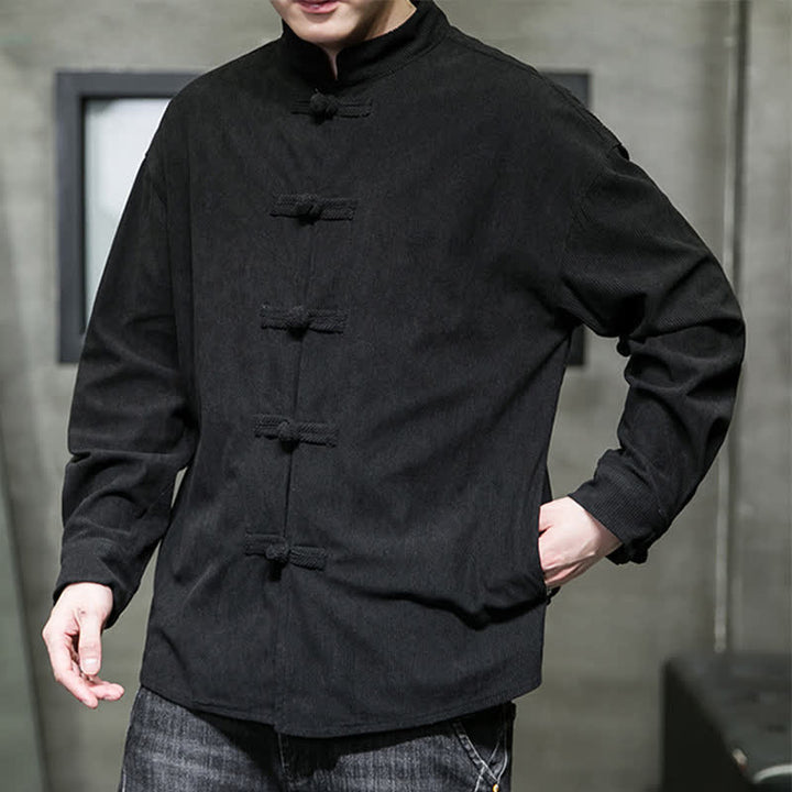 Buddha Stones Fall Winter Casual Tang Style Frog Button Solid Cotton Men's Jacket - image 19