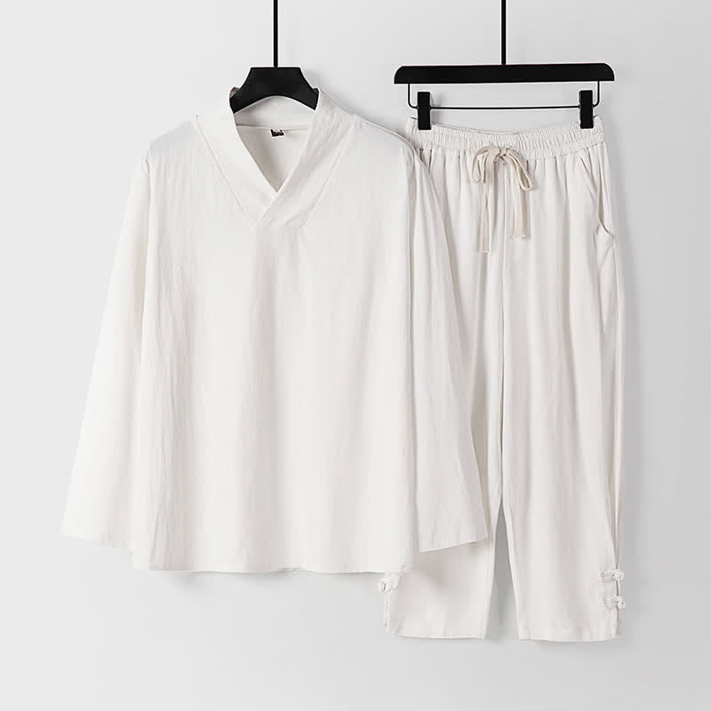 Buddha Stones 2Pcs Spring Fall Casual Drawstring Solid Ramie Long Sleeve Shirt Pants Men's Meditation Cloth With Pockets - White - US/UK/AU54，EU64 (9XL) - image 21