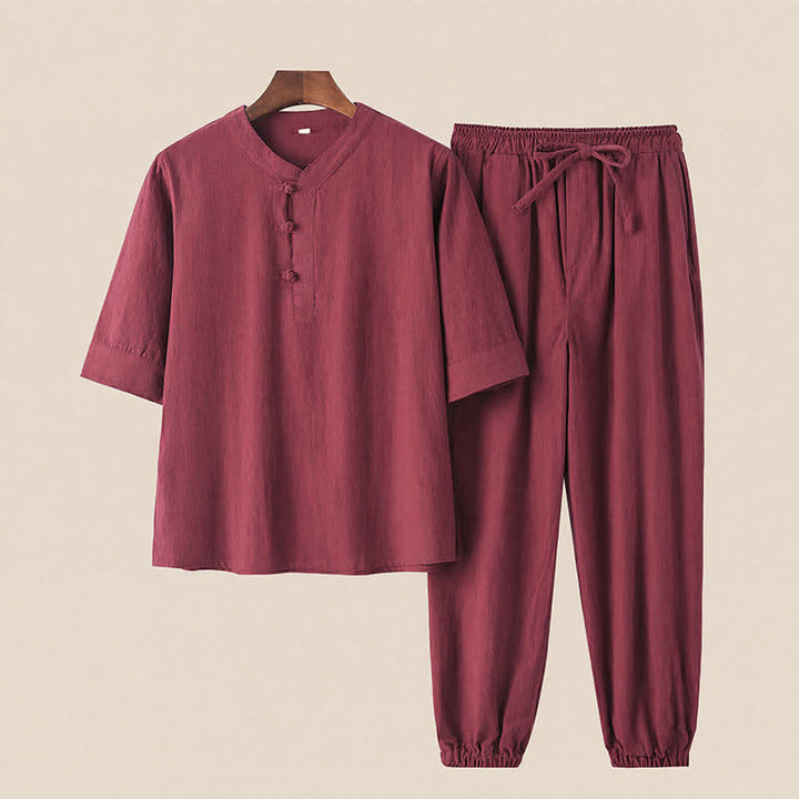 Buddha Stones 2Pcs Spring Summer Tang Style Mandarin Collar Elbow-Length Sleeve Solid Shirt Pants Cotton Men's Meditation Cloth With Pockets - Maroon - US/UK/AU44，EU54 (4XL) - image 17