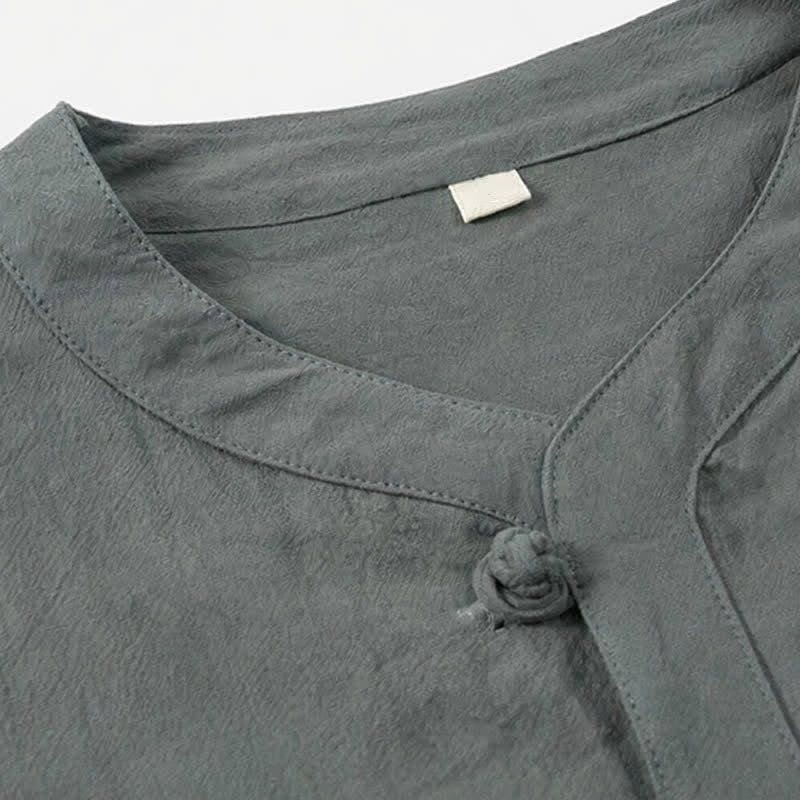 Buddha Stones 2Pcs Spring Summer Tang Style Mandarin Collar Elbow-Length Sleeve Solid Shirt Pants Cotton Men's Meditation Cloth With Pockets - image 6