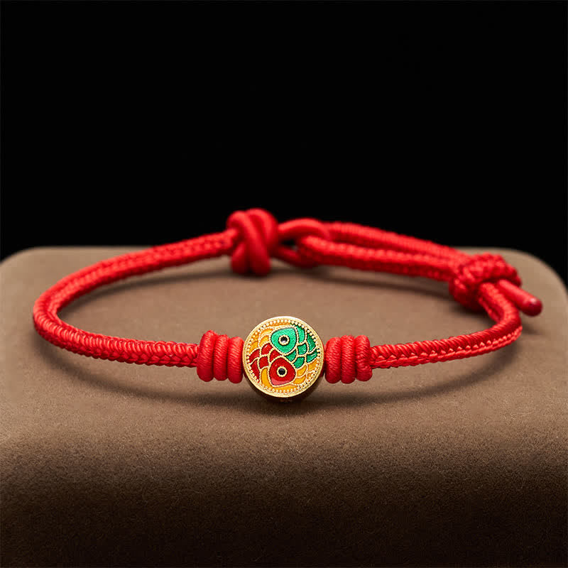 Buddha Stones Red String Double Koi Fish Auspicious Bracelet - Red - 6.7–7.5 in/17–19 cm - image 0