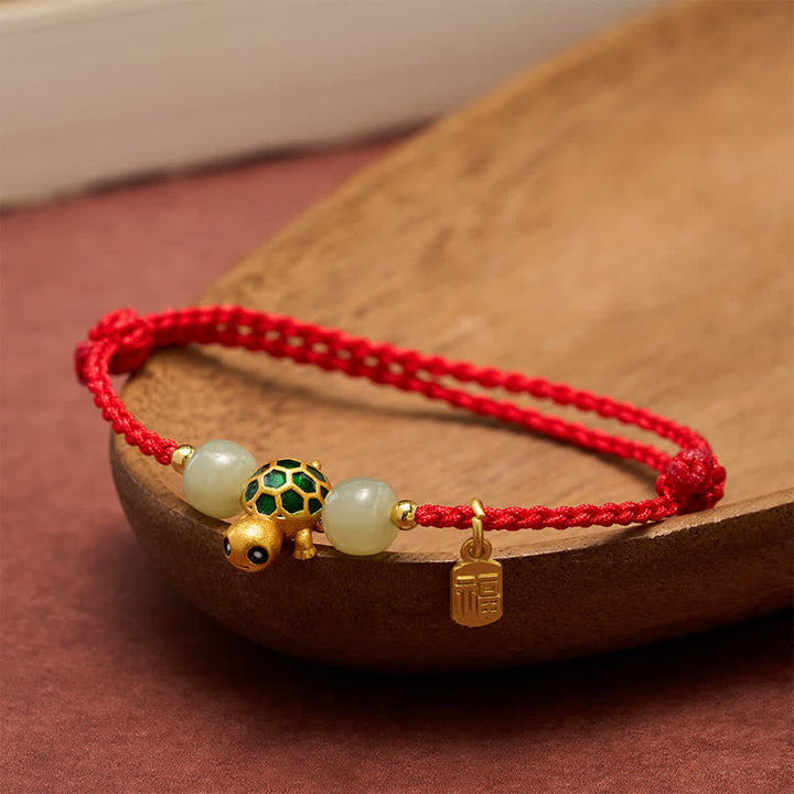 Buddha Stones Copper Turtle Hetian Jade Fu Character Luck Red String Bracelet - image 3